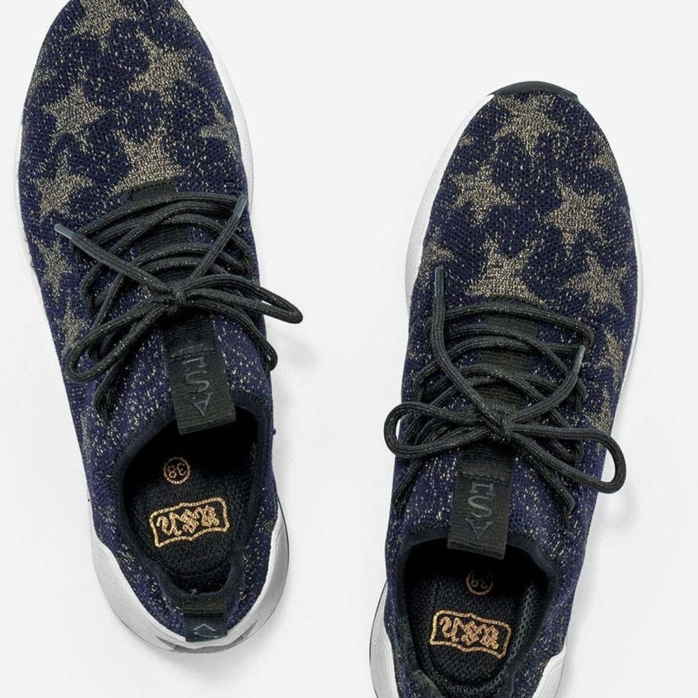 Ash Womens Blue Gold Jaguar Star Metallic Knit Platform Sneakers